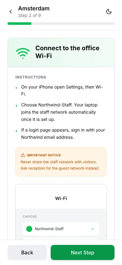 Guide step 3 of 9: connect to the office Wi-Fi