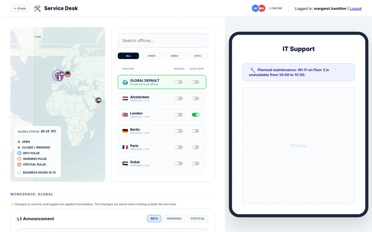 The admin panel with desk hours worldwide and a notice shown on the iPad