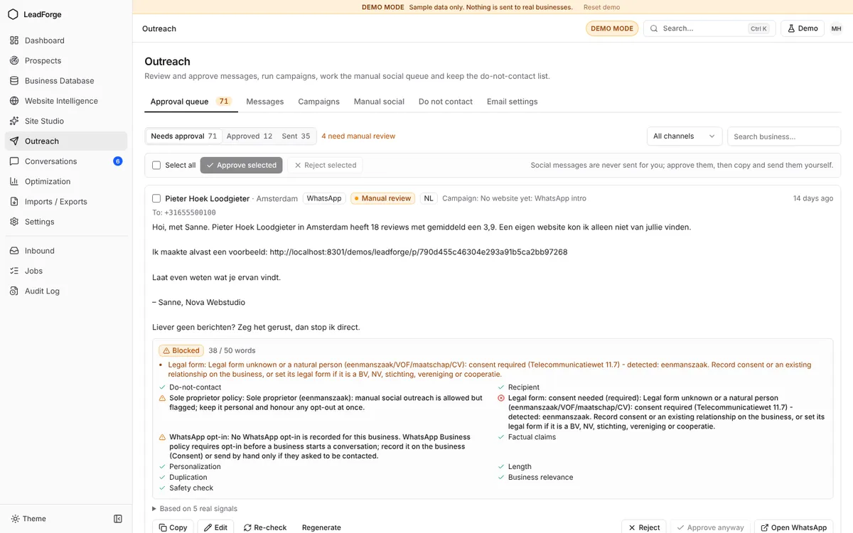 LeadForge outreach: a first message based on what it found
