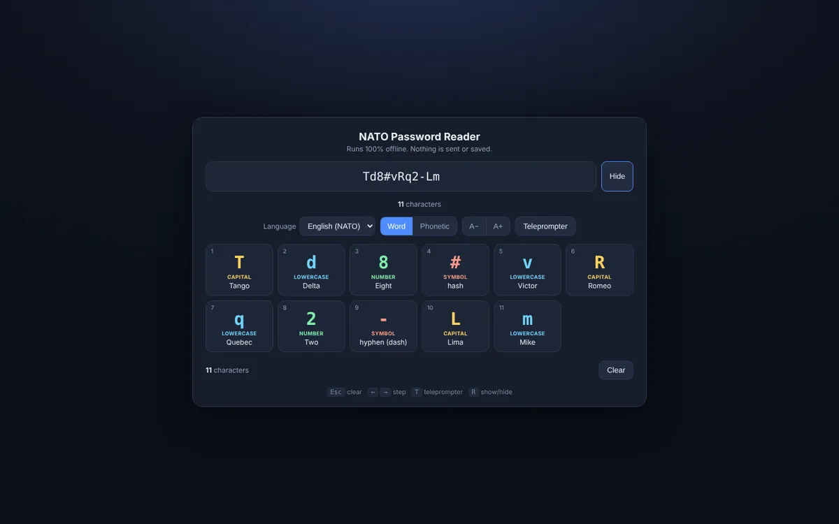 NATO Reader with a password typed in and each character spelled out