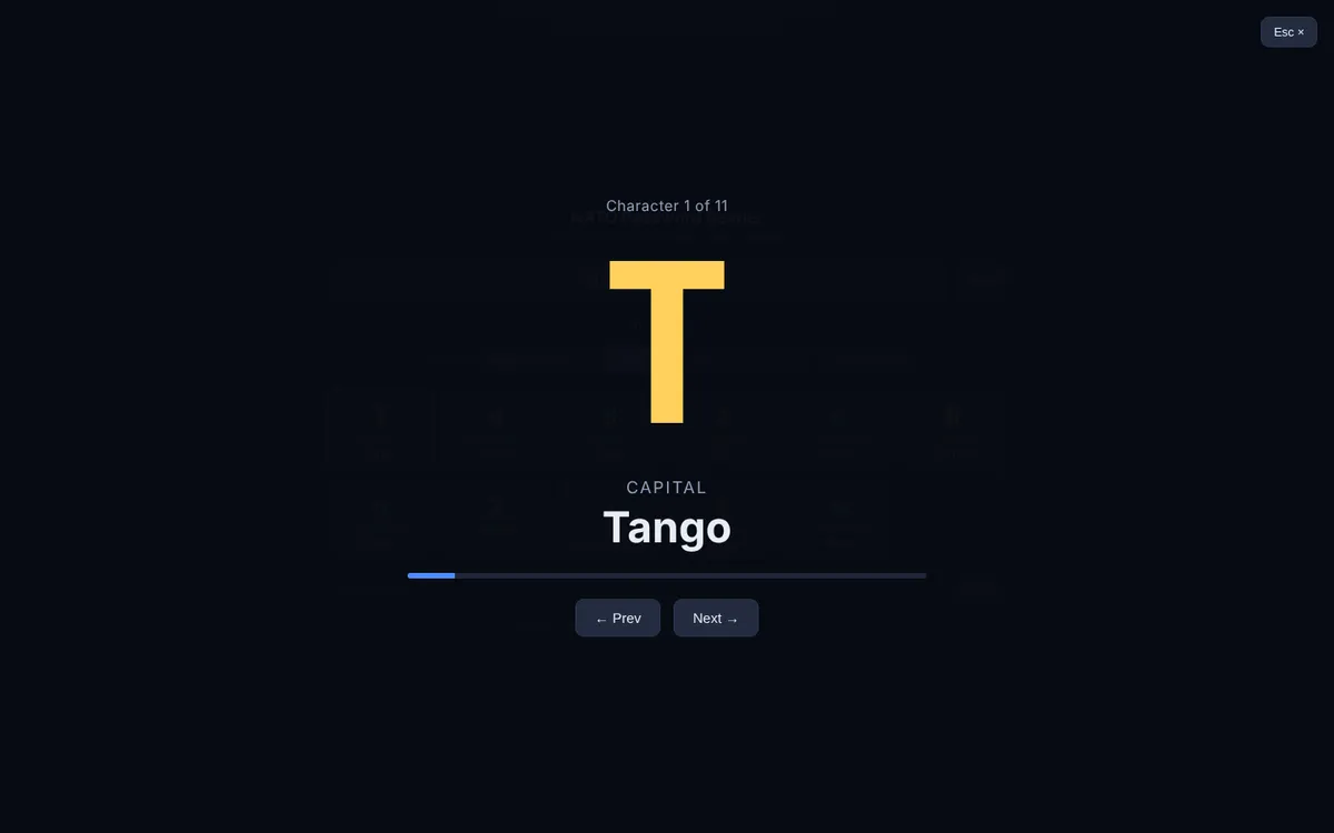 NATO Reader teleprompter showing one character at a time: T, Tango