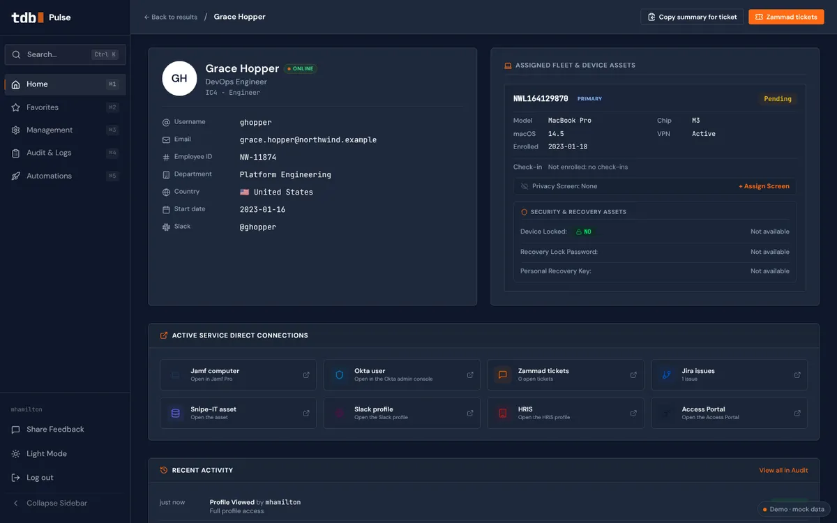 Pulse showing Grace Hopper’s profile, laptop and access in one view