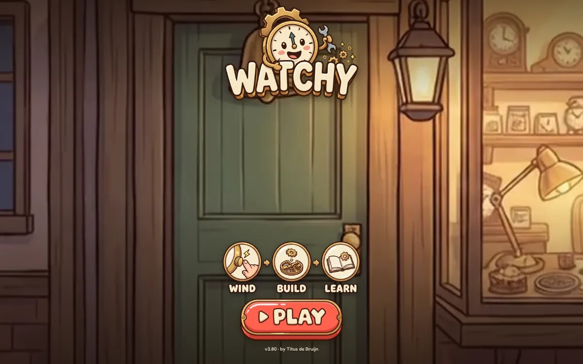 The Watchy title screen: wind, build, learn